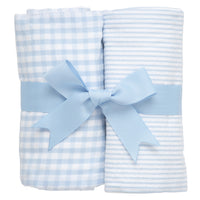 Two cotton burp cloths for baby with blue gingham check and seersucker stripe fabric, 3 Marthas