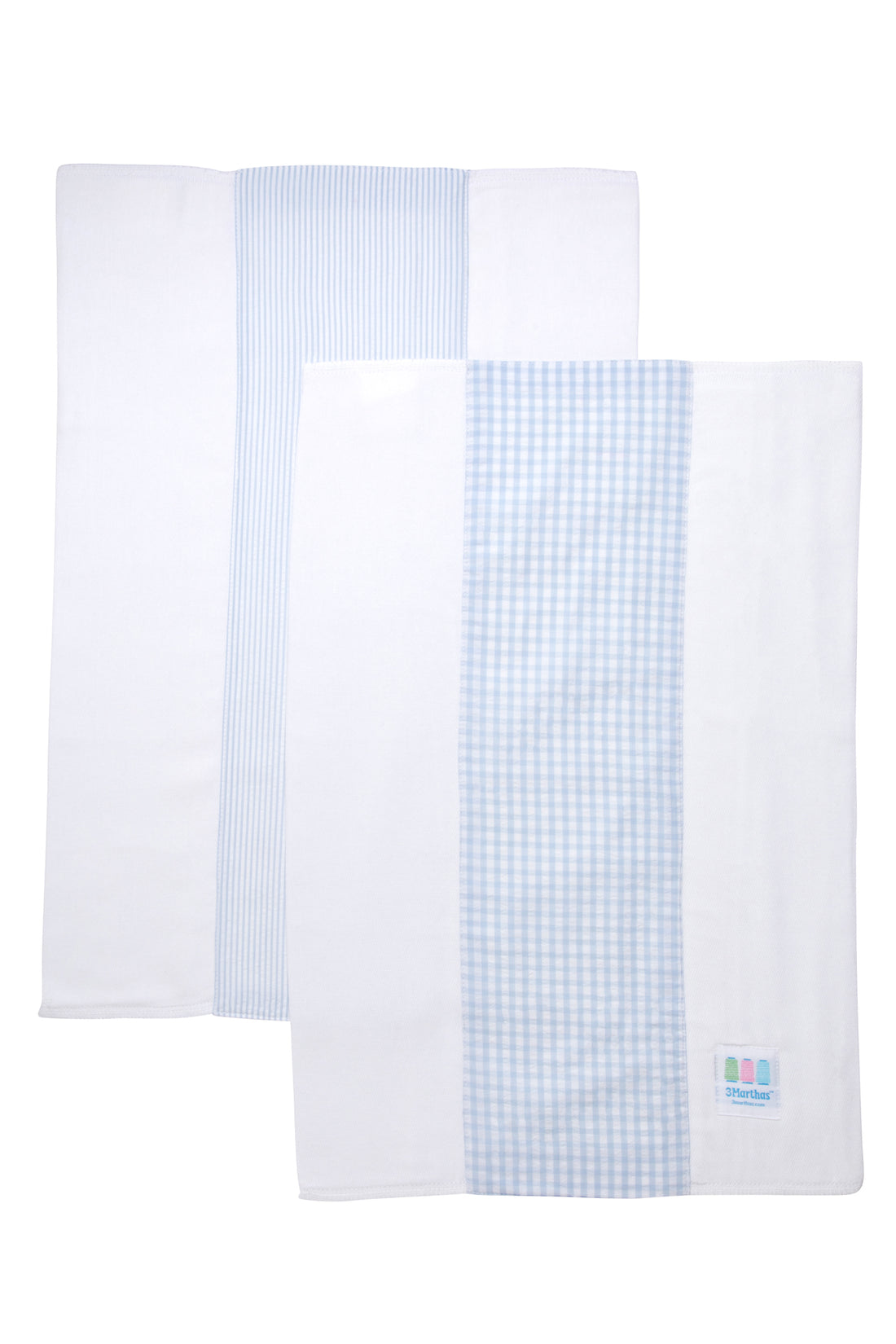 Two cotton burp cloths for baby with blue gingham check and seersucker stripe fabric, 3 Marthas