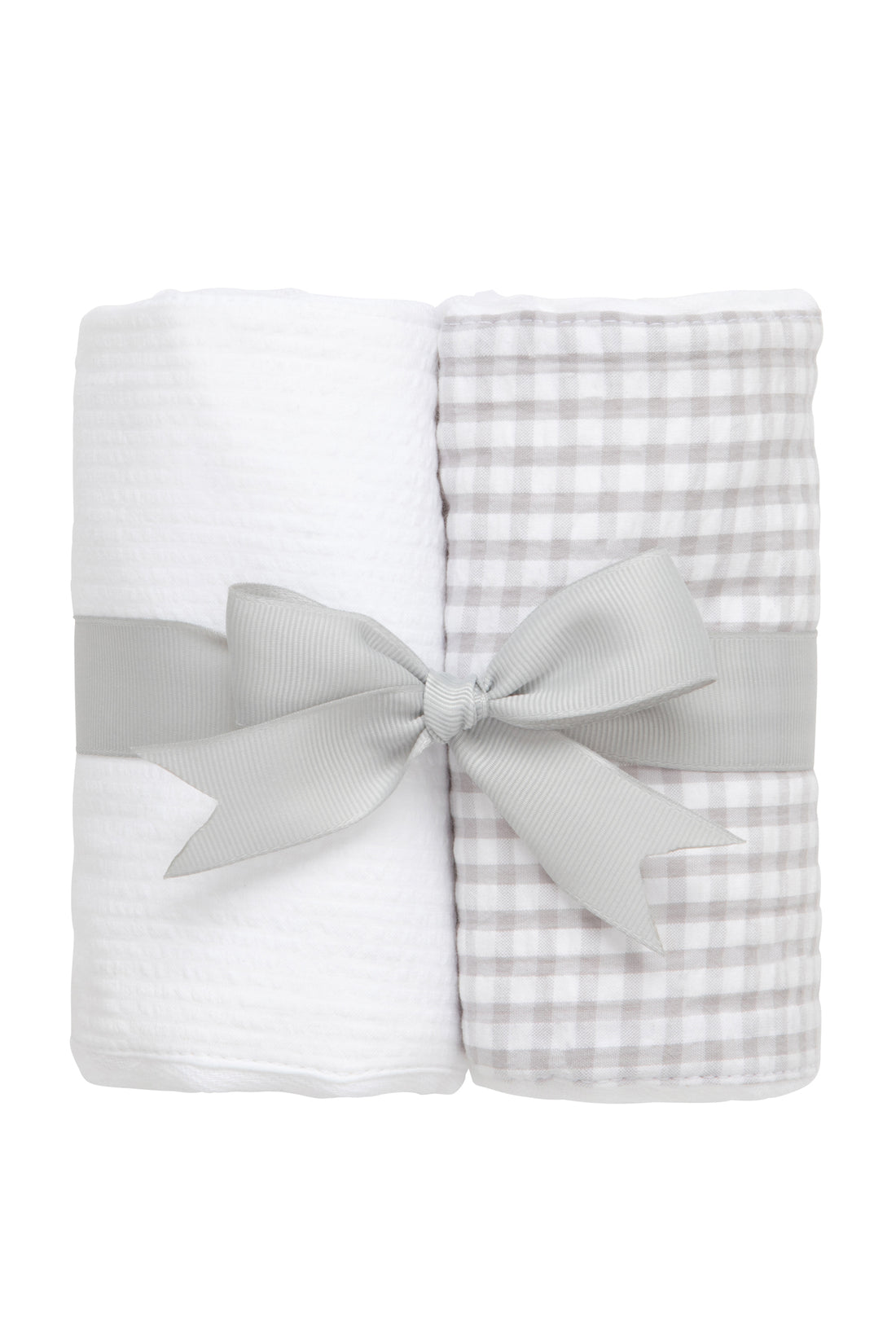 Two cotton burp cloths for baby with white seersucker stripe and gray gingham check fabric, 3 Marthas