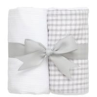 Two cotton burp cloths for baby with white seersucker stripe and gray gingham check fabric, 3 Marthas