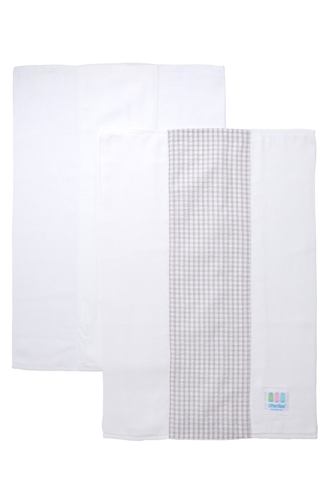 Two cotton burp cloths for baby with white seersucker stripe and gray gingham check fabric, 3 Marthas