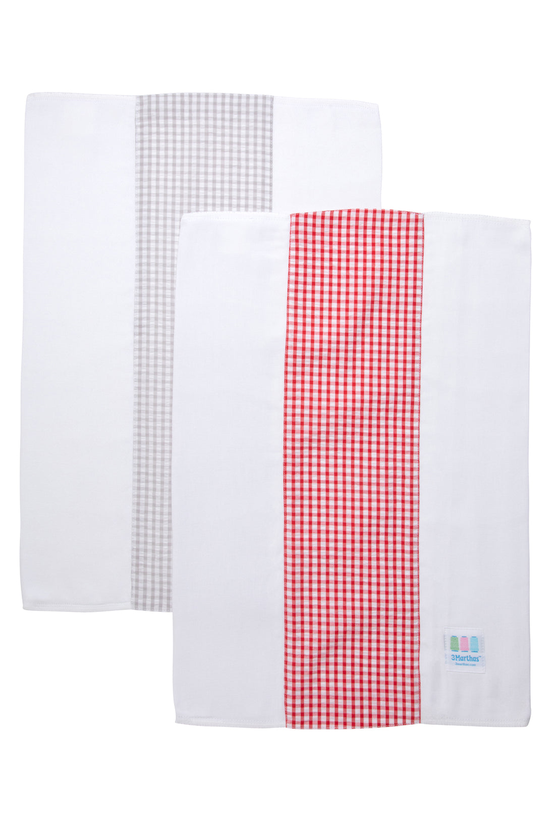 Two cotton burp cloths for baby with gray and red gingham check fabric, 3 Marthas