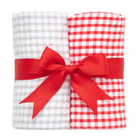Two cotton burp cloths for baby with gray and red gingham check fabric, 3 Marthas
