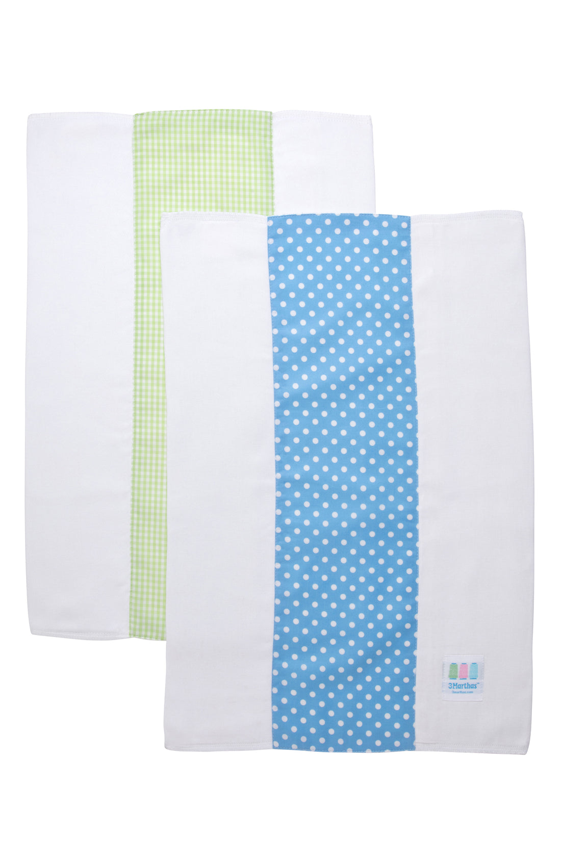 Two cotton burp cloth for baby with blue dot print and green gingham check fabric, 3 Marthas