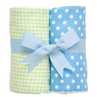 Two cotton burp cloth for baby with blue dot print and green gingham check fabric, 3 Marthas