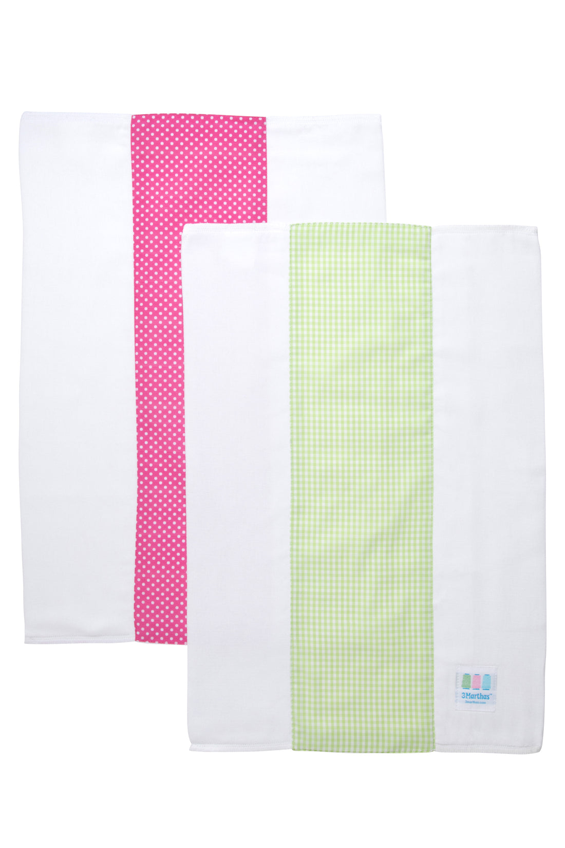 Two cotton burp cloths for baby with pink dot print and green gingham check fabric, 3 Marthas