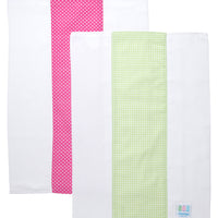 Two cotton burp cloths for baby with pink dot print and green gingham check fabric, 3 Marthas