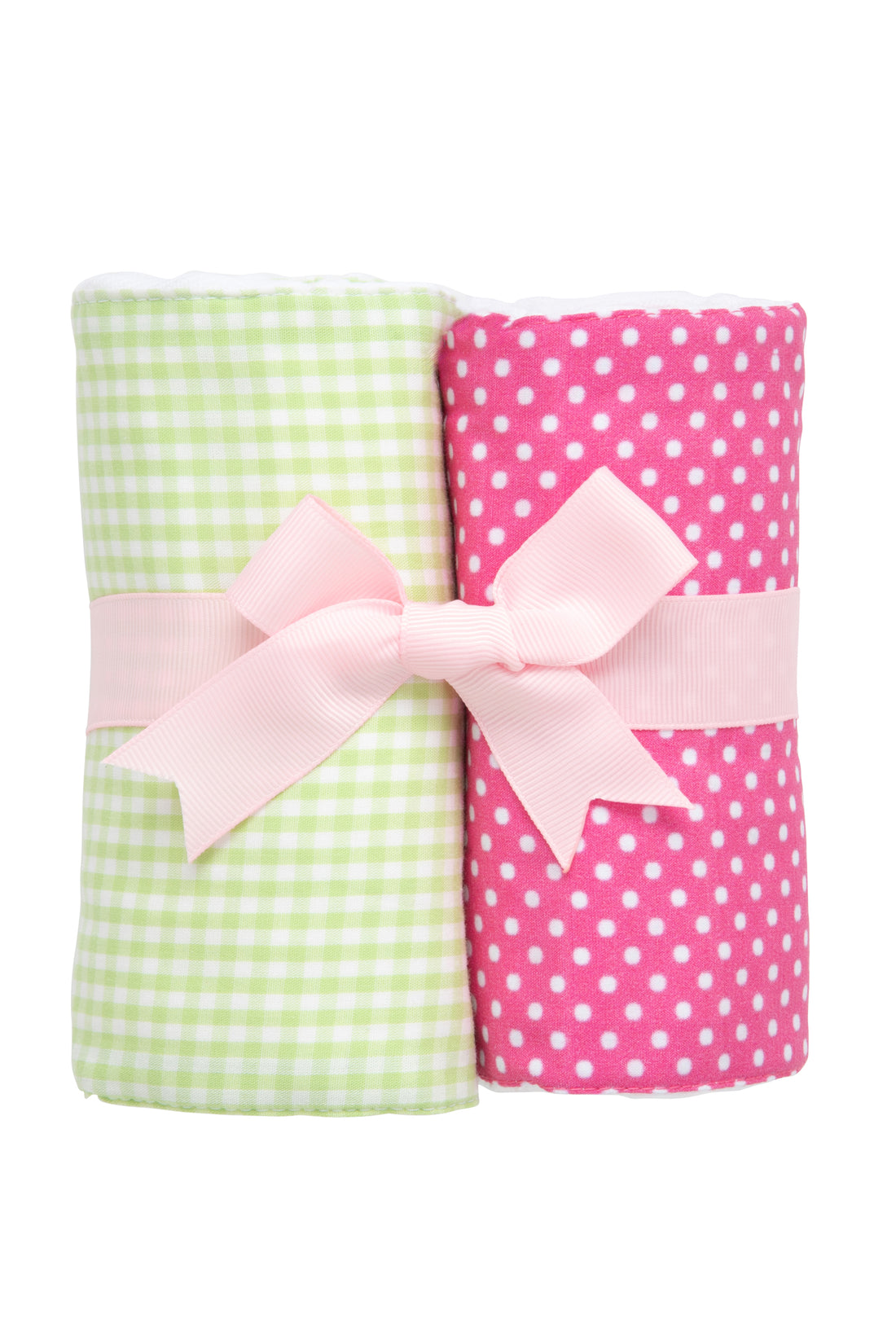 Two cotton burp cloths for baby with pink dot print and green gingham check fabric, 3 Marthas