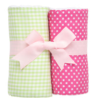Two cotton burp cloths for baby with pink dot print and green gingham check fabric, 3 Marthas