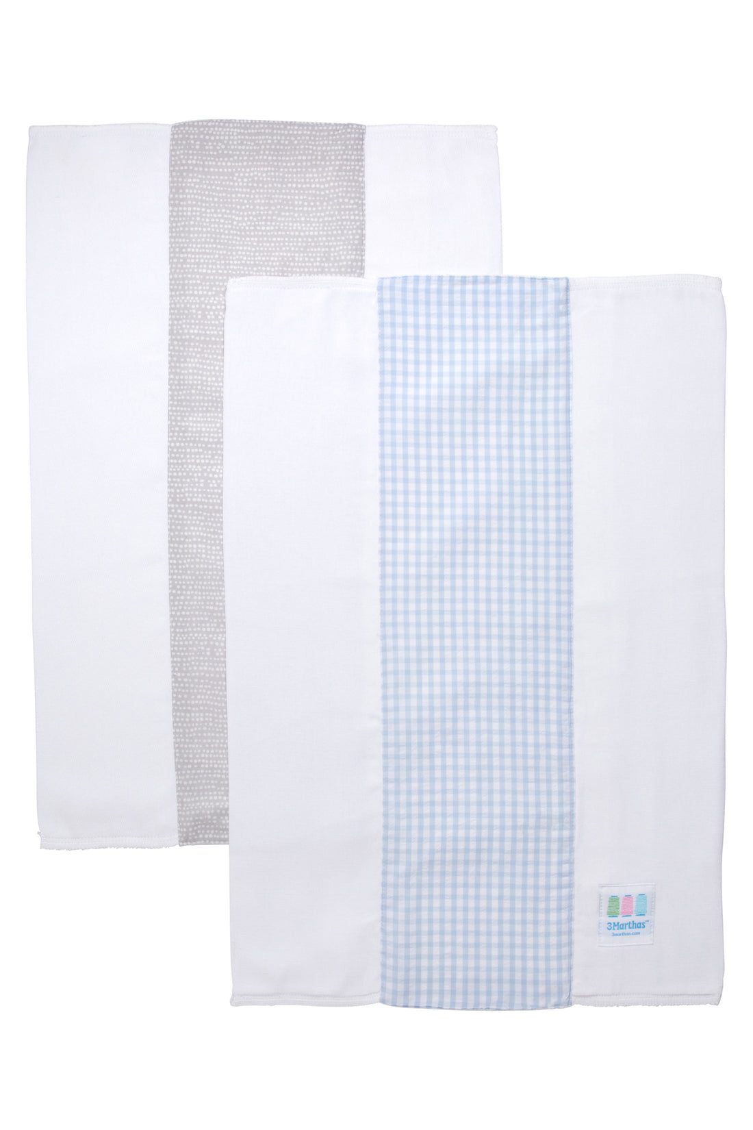 Two cotton burp cloths for baby with gray dot print and blue gingham check fabric, 3 Marthas
