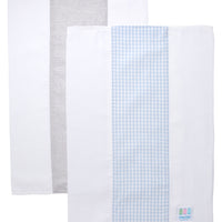 Two cotton burp cloths for baby with gray dot print and blue gingham check fabric, 3 Marthas