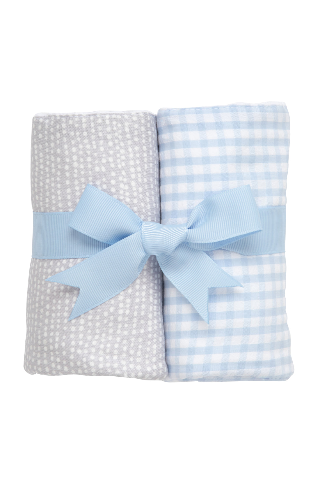 Two cotton burp cloths for baby with gray dot print and blue gingham check fabric, 3 Marthas
