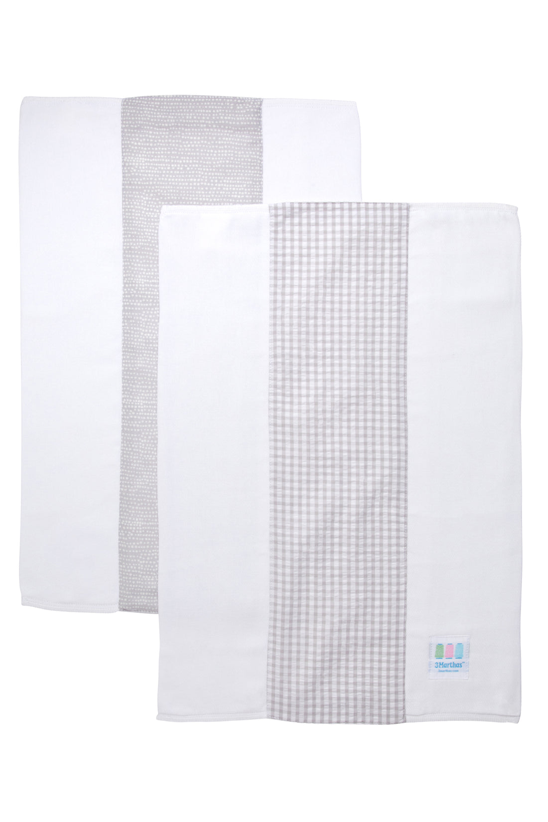 Two cotton burp cloths for baby with gray dot print and gray gingham check fabric, 3 Marthas