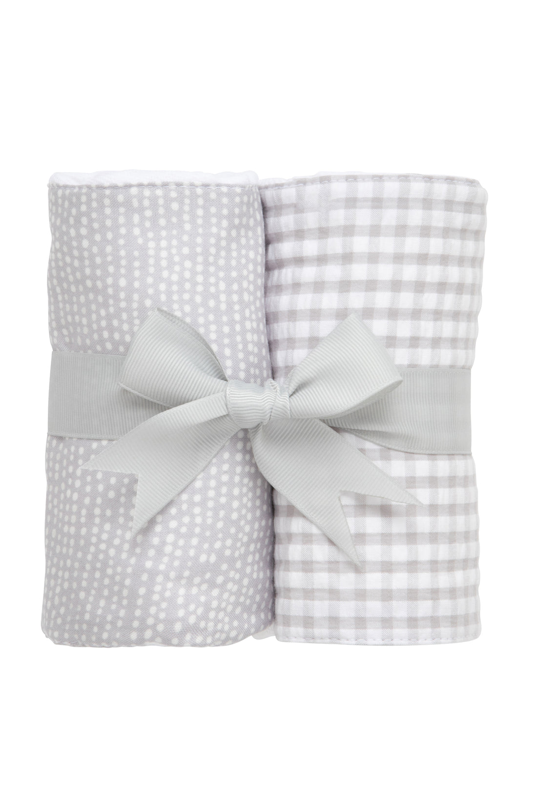 Two cotton burp cloths for baby with gray dot print and gray gingham check fabric, 3 Marthas