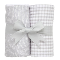 Two cotton burp cloths for baby with gray dot print and gray gingham check fabric, 3 Marthas