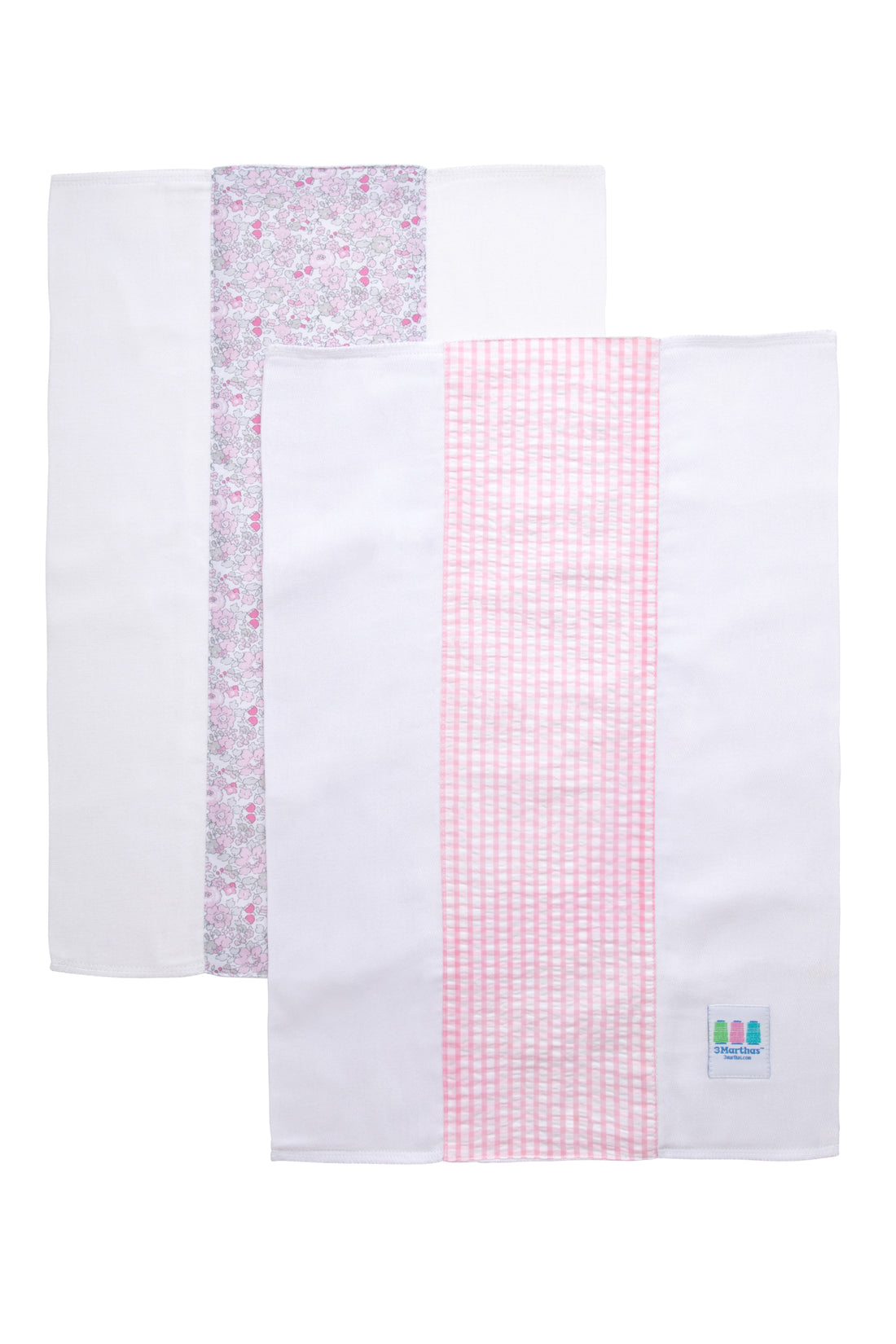 Two cotton burp cloths for baby with pink floral and gingham check fabric, 3 Marthas
