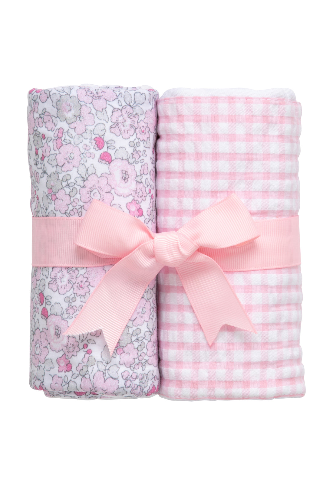 Two cotton burp cloths for baby with pink floral and gingham check fabric, 3 Marthas