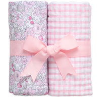 Two cotton burp cloths for baby with pink floral and gingham check fabric, 3 Marthas