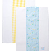 Two cotton burp cloths for baby with blue duck print and yellow gingham check fabric, 3 Marthas