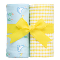 Two cotton burp cloths for baby with blue duck print and yellow gingham check fabric, 3 Marthas