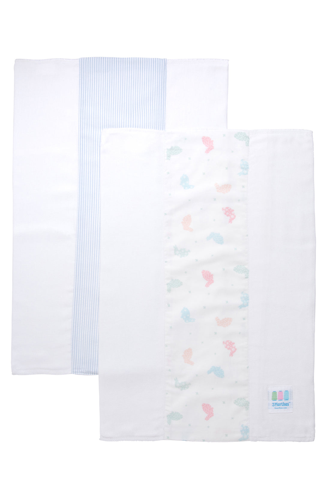 Two cotton burp cloths for baby with pastel bunny print and blue seersucker stripe fabric, 3 Marthas