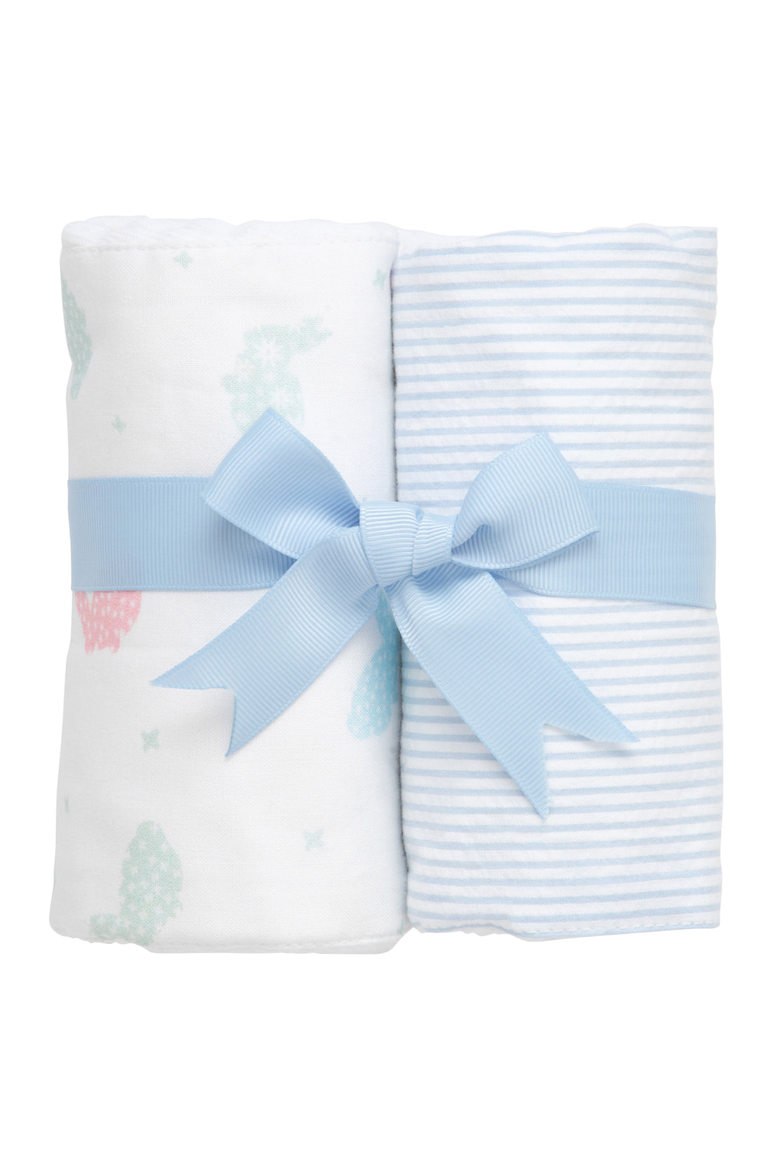 Two cotton burp cloths for baby with pastel bunny print and blue seersucker stripe fabric, 3 Marthas