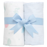 Two cotton burp cloths for baby with pastel bunny print and blue seersucker stripe fabric, 3 Marthas