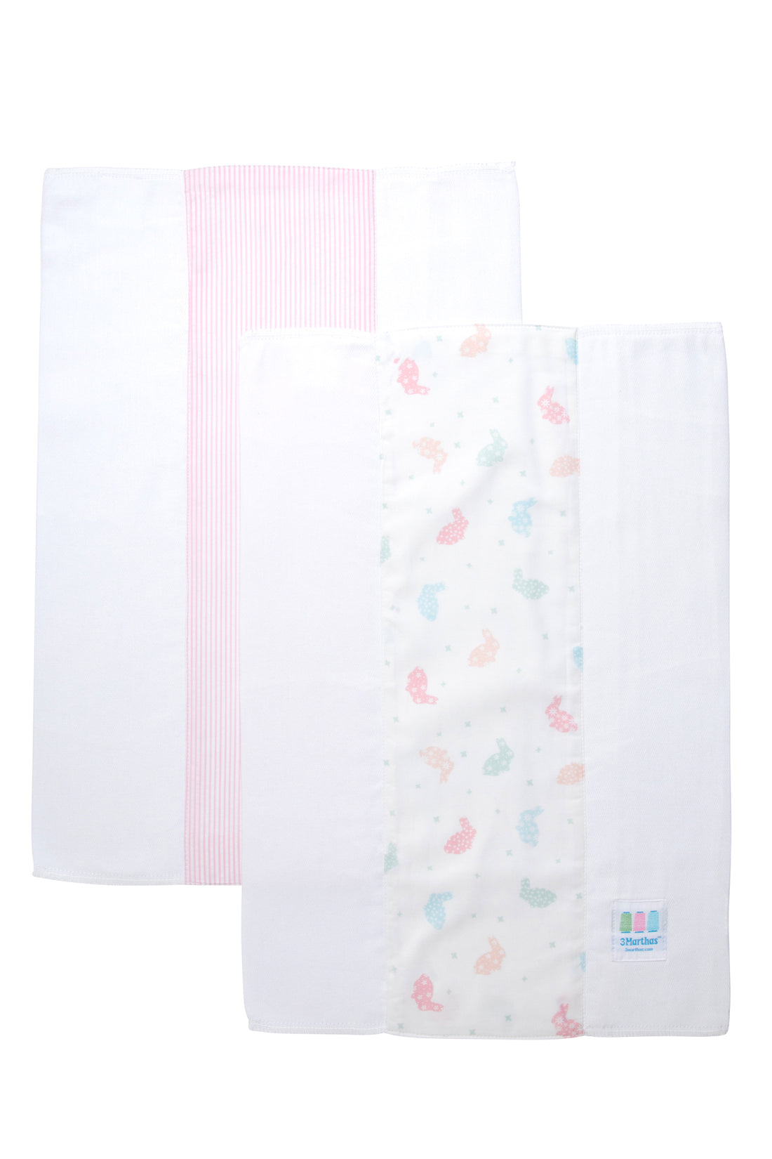 Two cotton burp cloths for baby with pastel bunny print and pink seersucker stripe fabric, 3 Marthas