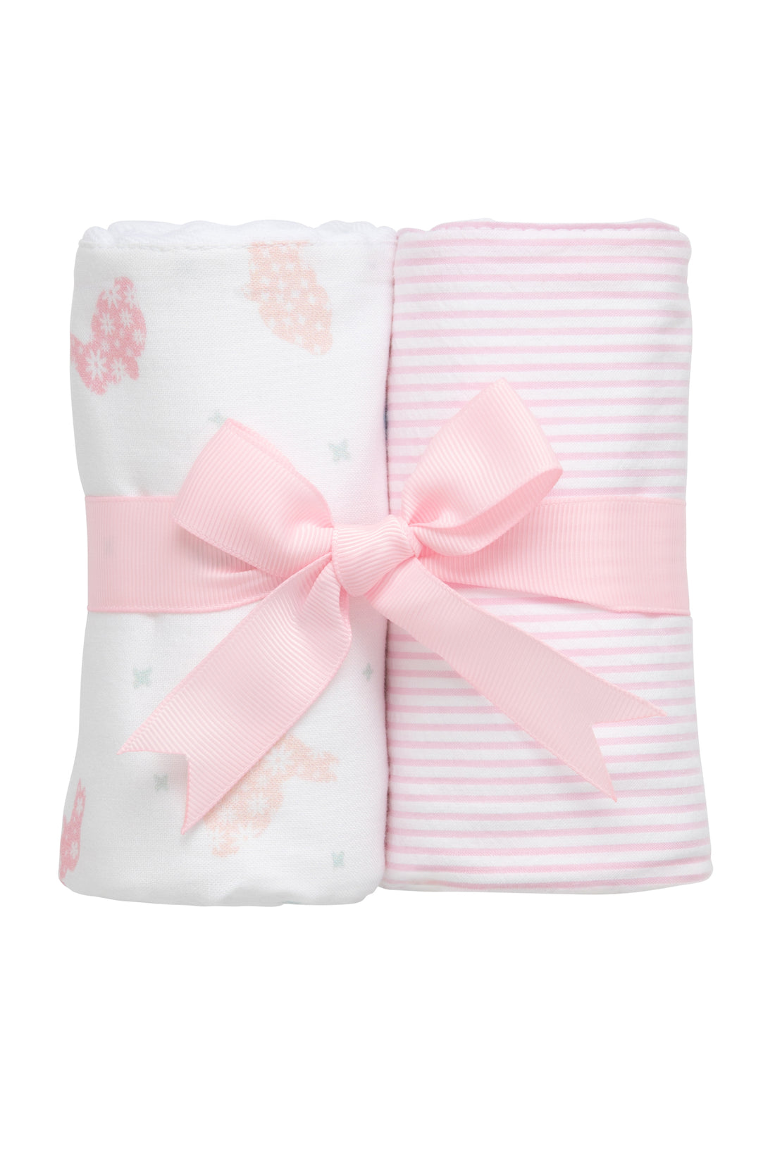 Two cotton burp cloths for baby with pastel bunny print and pink seersucker stripe fabric, 3 Marthas