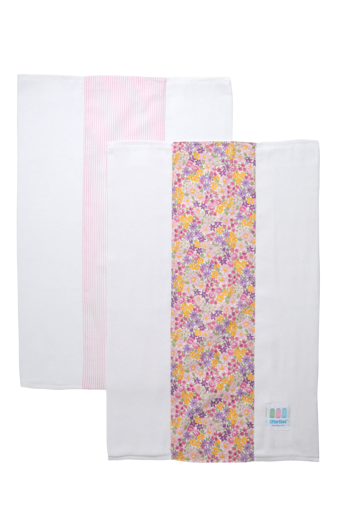 Two cotton burp cloths for baby with pink and purple floral print and seersucker stripe fabric, 3 Marthas