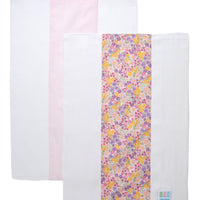 Two cotton burp cloths for baby with pink and purple floral print and seersucker stripe fabric, 3 Marthas