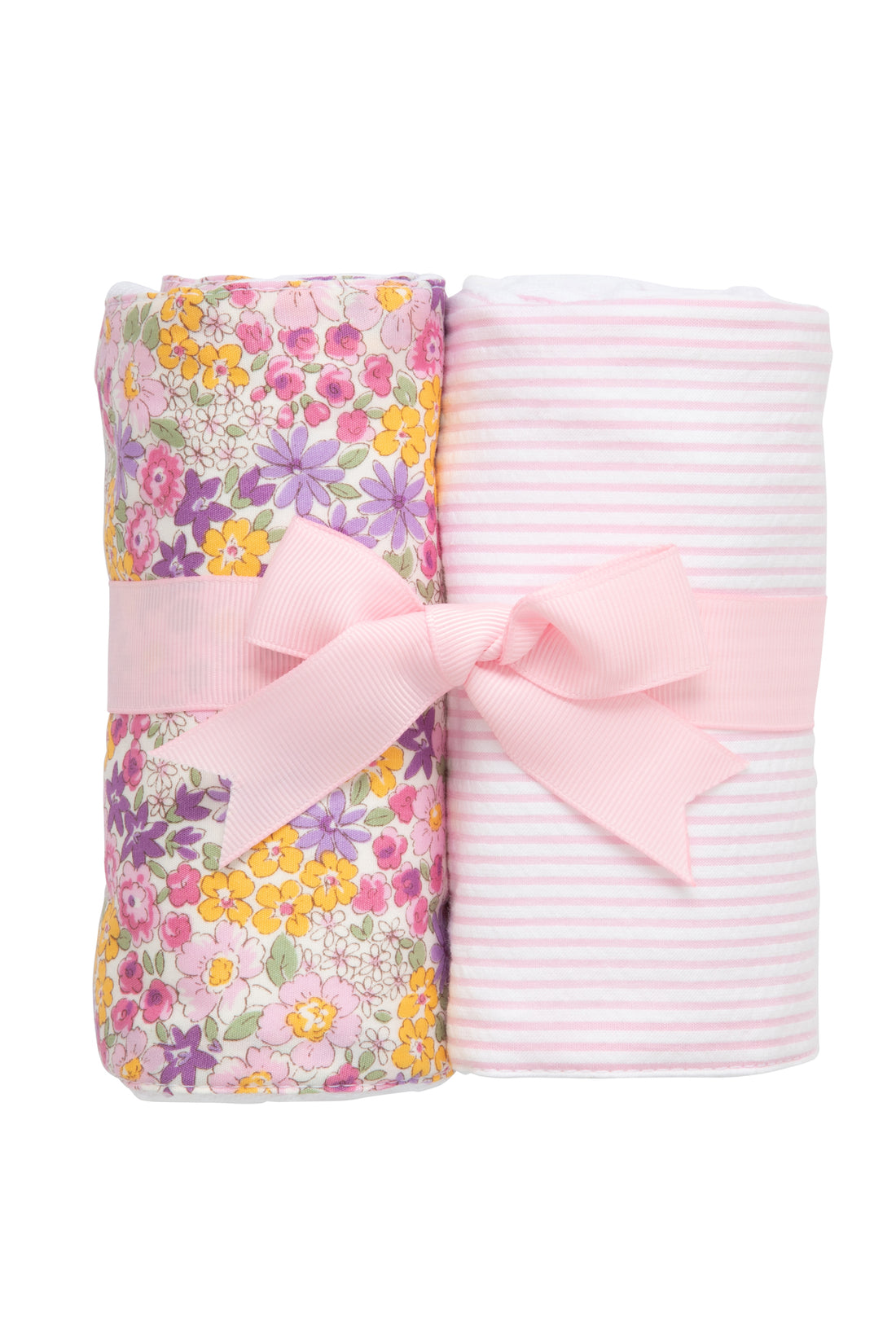 Two cotton burp cloths for baby with pink and purple floral print and seersucker stripe fabric, 3 Marthas