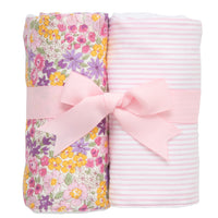 Two cotton burp cloths for baby with pink and purple floral print and seersucker stripe fabric, 3 Marthas
