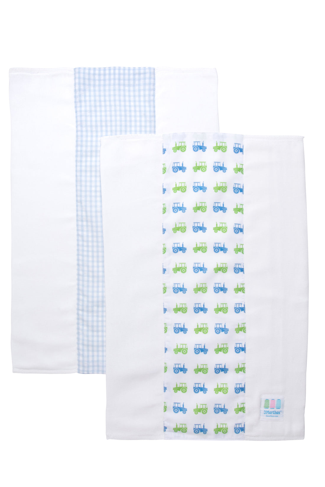 Two cotton burp cloths for baby with blue and green tractor and blue gingham check fabric, 3 Marthas