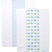 Two cotton burp cloths for baby with blue and green tractor and blue gingham check fabric, 3 Marthas