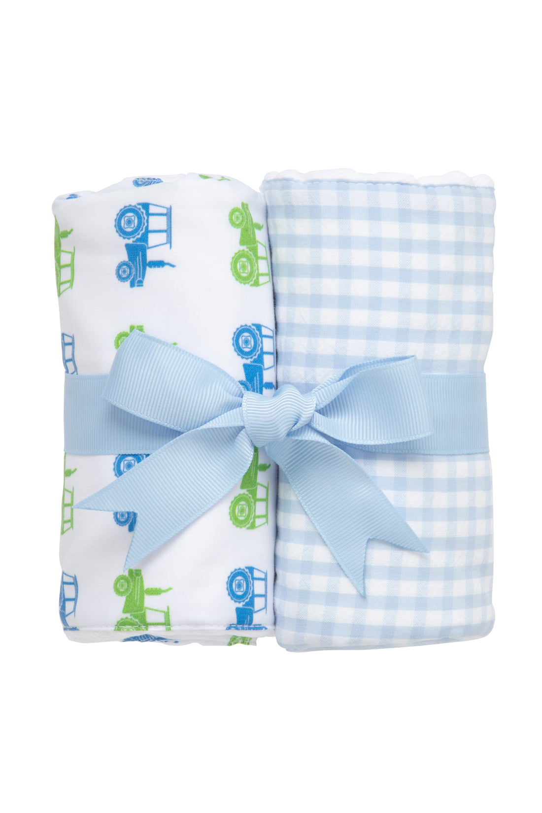 Two cotton burp cloths for baby with blue and green tractor and blue gingham check fabric, 3 Marthas