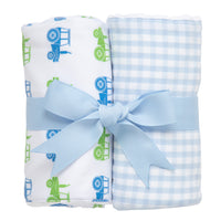 Two cotton burp cloths for baby with blue and green tractor and blue gingham check fabric, 3 Marthas