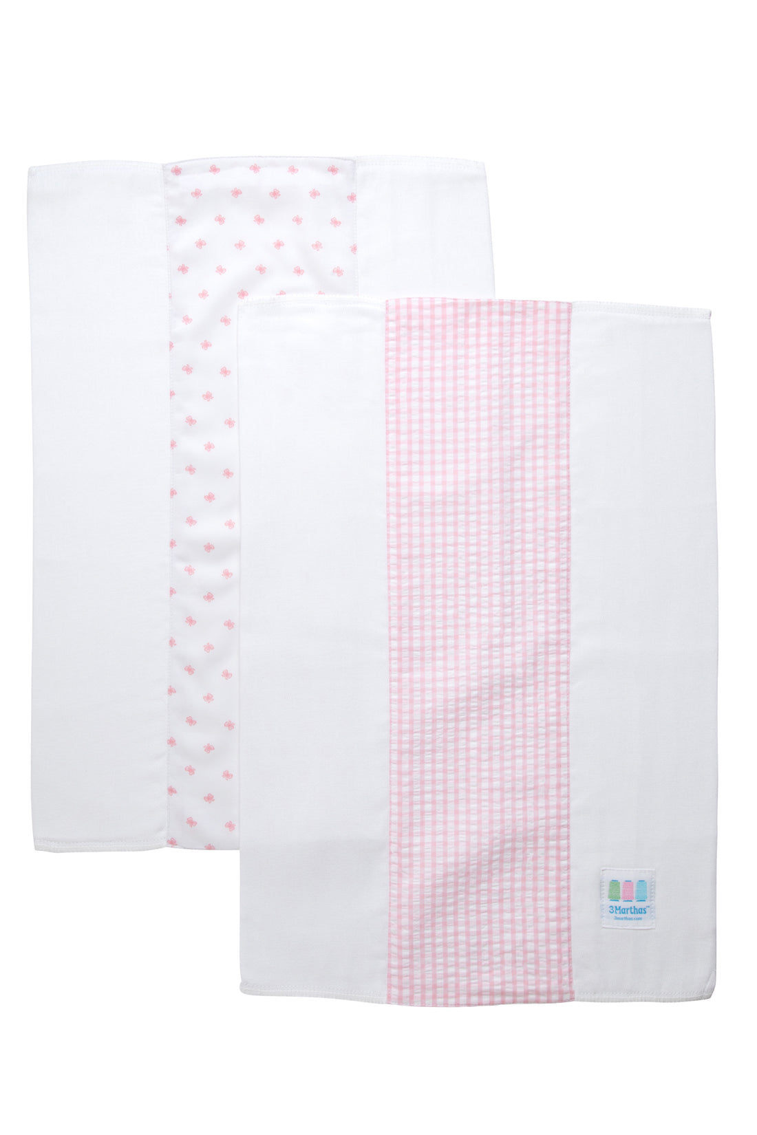 Two cotton burp cloths for baby with pink bow print and gingham check fabric, 3 Marthas
