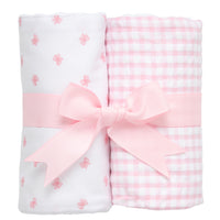 Two cotton burp cloths for baby with pink bow print and gingham check fabric, 3 Marthas