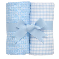 Two cotton burp cloth for baby with blue grid dot print and blue gingham check fabric, 3 Marthas