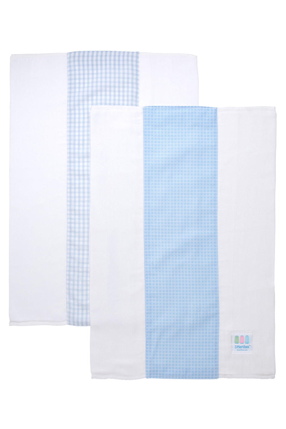 Two cotton burp cloth for baby with blue grid dot print and blue gingham check fabric, 3 Marthas