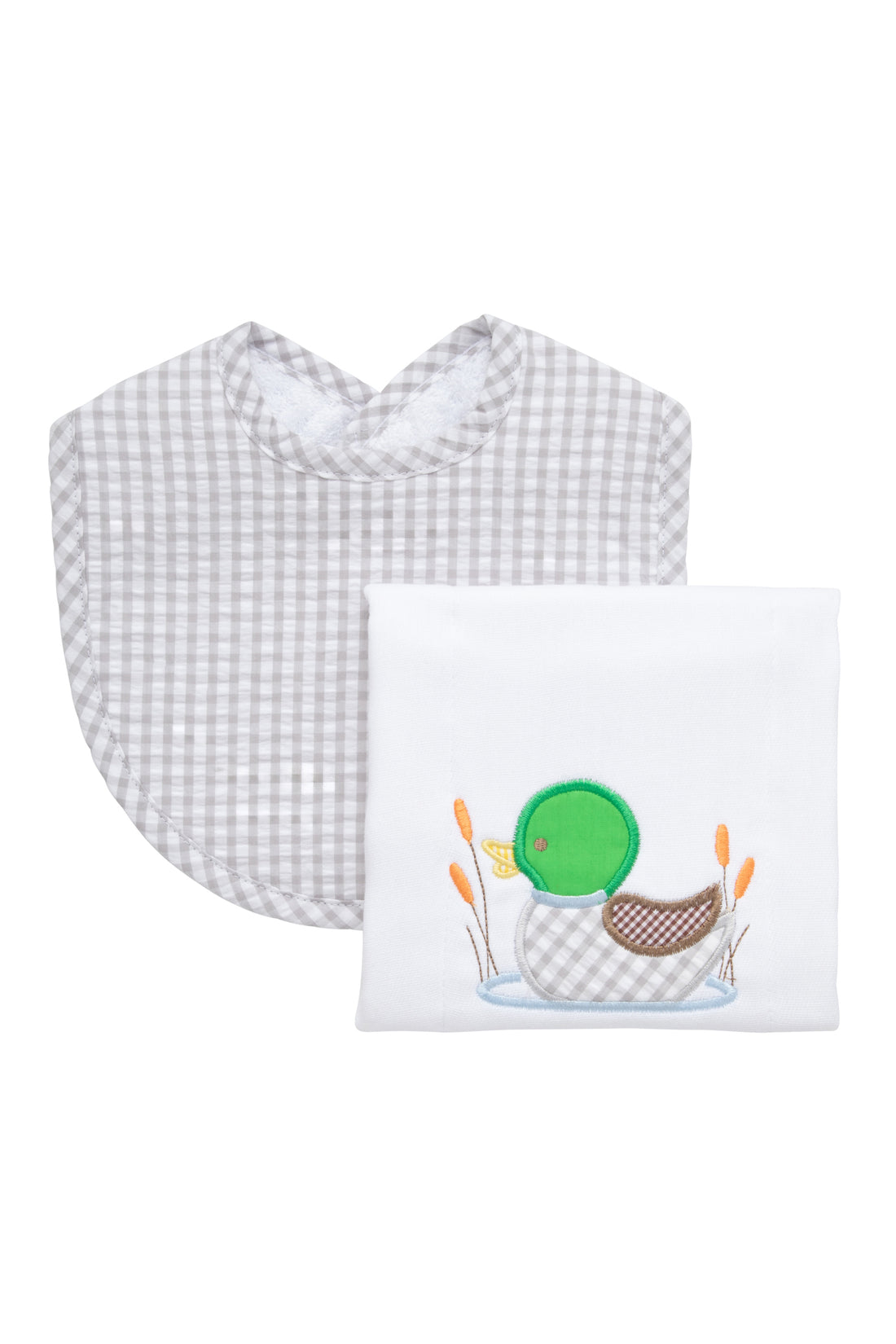 Cotton bib for baby boy with gray gingham check fabric and burp cloth with mallard duck applique, 3 Marthas