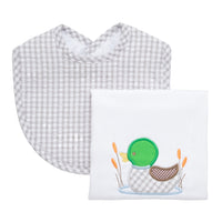 Cotton bib for baby boy with gray gingham check fabric and burp cloth with mallard duck applique, 3 Marthas