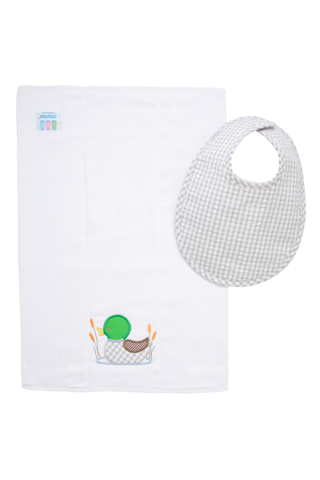 Cotton bib for baby boy with gray gingham check fabric and burp cloth with mallard duck applique, 3 Marthas