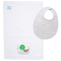 Cotton bib for baby boy with gray gingham check fabric and burp cloth with mallard duck applique, 3 Marthas