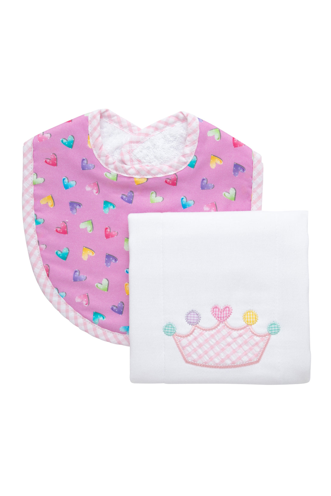 Cotton bib for baby girl with multi heart print fabric and pink gingham check trim and burp cloth with pink crown applique, 3 Marthas