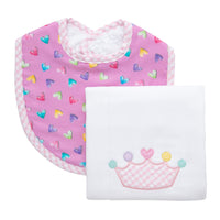 Cotton bib for baby girl with multi heart print fabric and pink gingham check trim and burp cloth with pink crown applique, 3 Marthas