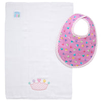 Cotton bib for baby girl with multi heart print fabric and pink gingham check trim and burp cloth with pink crown applique, 3 Marthas