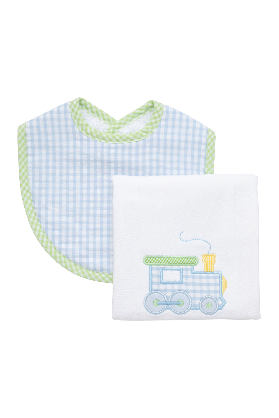 Cotton bib for baby boy with blue and green gingham check and burp cloth with train applique, 3 Marthas