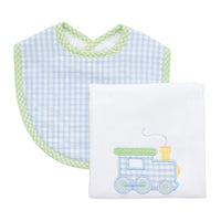 Cotton bib for baby boy with blue and green gingham check and burp cloth with train applique, 3 Marthas